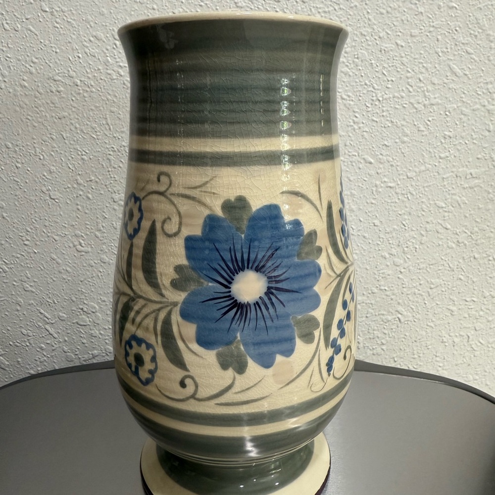 Floral Ceramic Vase with Blue Accents